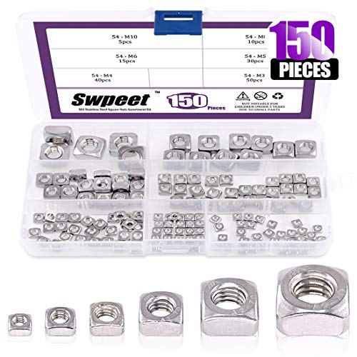 150Pcs 304 Stainless Steel 6 Sizes Metric Square Nuts Assortment Kit, Machine Screw Nuts Metric Coarse Thread - M3 M4 M5 M6 M8 M10