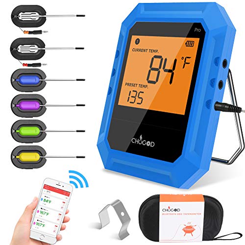 Bluetooth Meat Thermometer, Wireless BBQ Thermometer, Digital Cooking Thermometer for Grilling Smart APP Control with 6 Stainless Steel Probes, Support iOS & Android (Blue)