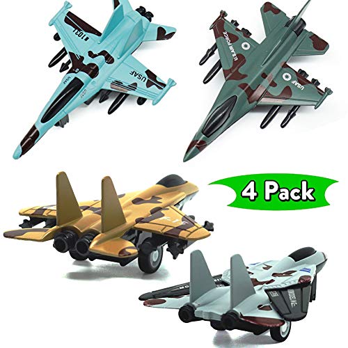 UiiQ Pull Back Airplane Toy Set Die Cast Metal Military Themed Fighter Jets, Good for Kids Toy Set Collection - 4 Pcs (Blue)