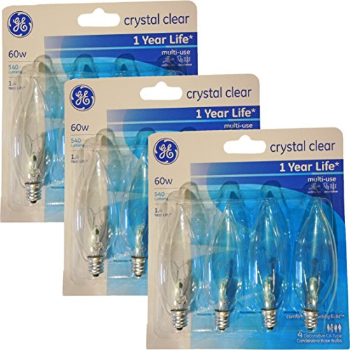 GE 60 Watt Crystal Clear Decorative Bent Tip Light Bulbs, Candelabra Base (12 Pack) (60 Watts)
