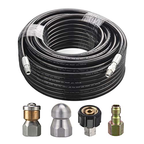 M MINGLE Sewer Jetter Kit for Pressure Washer, 1/4 Inch NPT, 100 Feet Hose, Button Nose and Rotating Sewer Jetting Nozzle, Orifice 4.0, 4.5, Pressure 4000 PSI