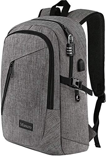 Laptop Backpack, Business Water Resistant Laptops Backpack Gift for Men Women with Lock and USB Charging Port, Mancro Anti Theft College School Bookbag, Travel Computer Bag for 15.6 Inch Laptops,Grey