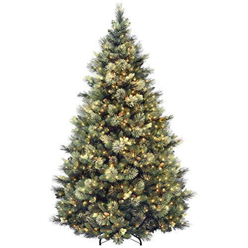 National Tree Company lit Artificial Christmas Tree Includes Pre-strung White Lights and Stand Flocked with Cones Carolina Pine, 7.5 ft, Green