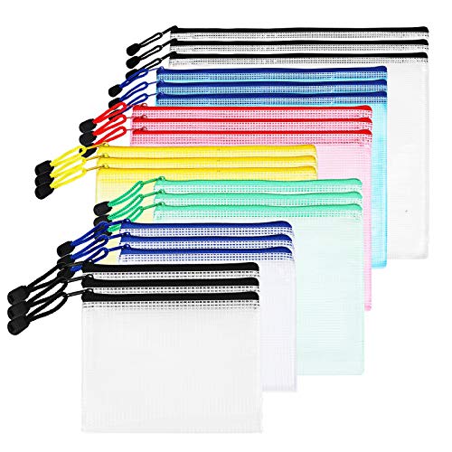 SUNEE 21Pack Zipper Pouch(Assorted color, 7 Sizes), Zipper File Bags with Grid Travel Pouch as Multipurpose Organizer - Clear Mesh Weatherproof Protection