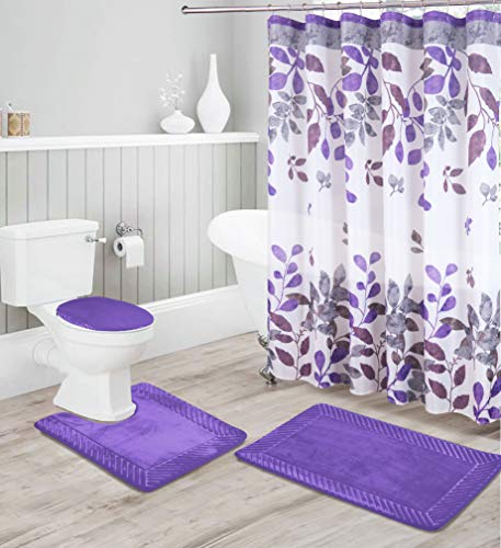 Luxury Home Collection 16 Piece Embossed Memory Foam Non-Slip Bathroom Rug Set Includes Bath Rug Mat, Contour Mat, Toilet Lid Cover, Shower Curtain, and 12 Metal Roller Hooks (Purple)