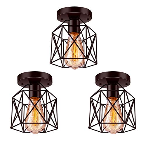 Tipace Industrial Vintage Semi-Flush Mount Ceiling Light, Rustic Metal Cage Close to Ceiling Light Fixture Brown for Hallway Stairway Bedroom Kitchen Farmhouse 3 Pack (Bulbs Not Included)