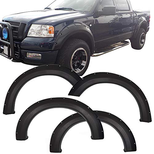Fender Flares Compatible With 2004-2008 Ford F150, Pocket Rivet Style Black PP Textured Front Rear Right Left Wheel Cover Protector Vent Trim by IKON MOTORSPORTS, 2005 2006 2007