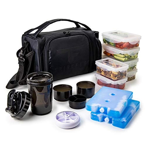 Insulated Meal Prep Lunch Box with 6 Food Portion Control Containers - BPA-Free, Reusable, Microwavable, Freezer Safe - With Shaker Cup, Pill Organizer, Shoulder Strap & Storage Pocket (Black)