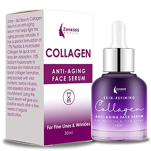 ZONE - 365 Collagen Serum for Face; Heals Plumps and Reduces Wrinkles; Hyaluronic Acid with Peptides Vegan Friendly; 1 fl oz