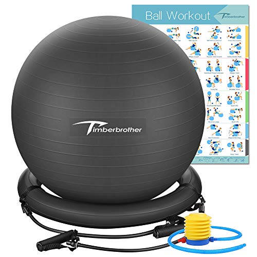 Timberbrother Exercise Ball Chairs with Resistance Bands Workout Poster 16.5”x 22.4”,Stability Ball Base for Gym and Home Exercise(Black with Ring & Bands)