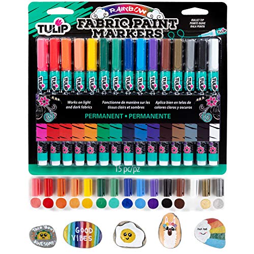 TULIP Fabric Paint Markers Rainbow 15 Pack, for Permanent Color on Fabric, Wood, Rocks