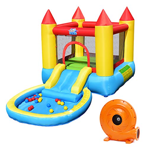 Costzon Inflatable Bounce House, Castle Jumping Bouncer with Water Slide, Splashing Water Pool, Including Oxford Carry Bag, Repairing Kit, Stakes, Water Hose, Ocean Balls (with 580W Air Blower)