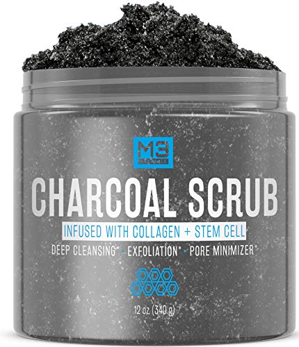 M3 Naturals Activated Charcoal Scrub Infused with Collagen and Stem Cell - Natural Exfoliating Body and Face Polish for Acne, Cellulite, Dead Skin, Scars, Wrinkles - Cleansing Exfoliator 12 oz