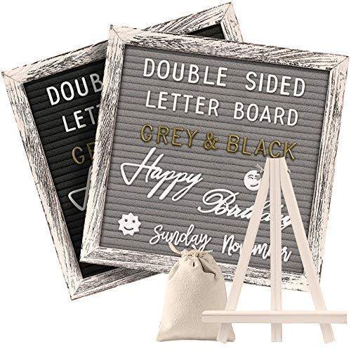 Tukuos Double Sided Felt Letter Board with Rustic Wood Frame,750 Precut Gold & White Letters,Months & Days & Script Cursive Words,Wall & Tabletop Display Decor (Gray/Black 10x10in (Easel))