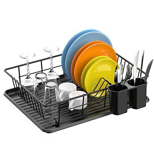 Dish Drying Rack, Packism Dish Rack with Drain Board, Utensil Holder, Anti Rust Dish Drainer for Kitchen Counter Top Dish Rack Wire Holder, Black, 16.5 x 12.4 x 4.3 inch