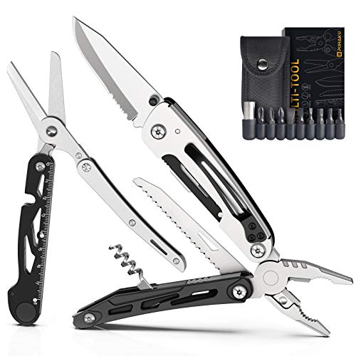 Multitool Knife, POHAKU Multipurpose Pocket Multi Tool Knives (22-in-1) with Detachable XL Spring-Action Scissors, Plier, Screwdrivers and Multi-tool Accessories for Men Camping, Fishing, Survival