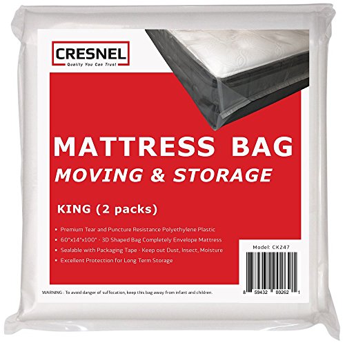 CRESNEL Mattress Bag for Moving & Long-Term Storage - King Size - Enhanced Mattress Protection with 5 mil Super Thick Tear & Puncture Resistance Polyethylene (Value Pack of 2pcs)