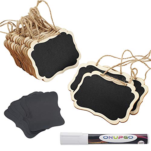 ONUPGO 16 Pack Chalkboard Tags with Liquid Chalk Marker, Double Sided Blackboard with Hanging String, Wooden Mini Erasable Chalkboard Signs, Hanging Chalkboard Labels, Price Tags, Message Tags