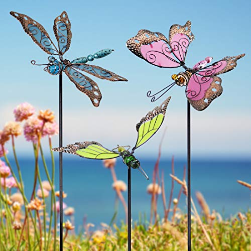 Juegoal 34 Inch Butterfly Garden Stakes Decor, Dragonfly Hummingbird Stakes, Glow in Dark Metal Yard Art, Indoor Outdoor Lawn Pathway Patio Ornaments, Set of 3
