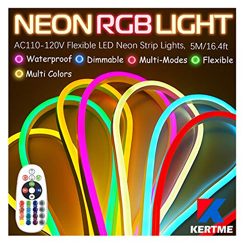 KERTME Neon Led Type AC 110-120V LED NEON Light Strip, Flexible/Waterproof/Dimmable/Multi-Colors/Multi-Modes LED Rope Light + 24 Keys Remote for Home/Garden/Building Decoration (16.4ft/5m, RGB)
