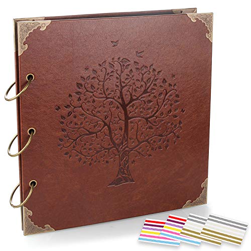 ADVcer Photo Album DIY Scrapbook (10x10 inch 50 Pages Double Sided), Vintage Leather Cover Three-Ring Binder Family Picture Booth with 9 Color 408pcs Self Adhesive Photos Corners for Memory Keep, Tree