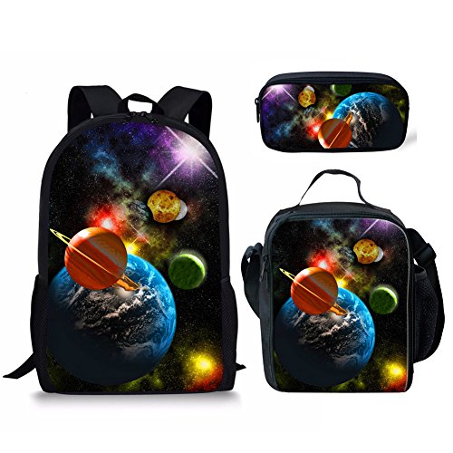 UNICEU 3 Pieces Set Cosmic Planet Galaxy Backpack+Insulated Lunch Box+Pencil Bag for Kids Back to School