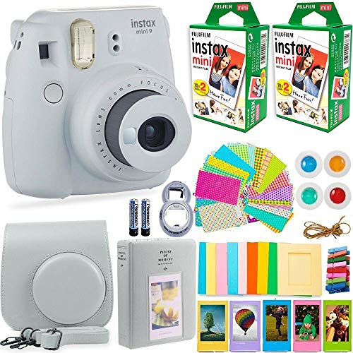 Fujifilm Instax Mini 9 Instant Camera + Fuji Instax Film (40 Sheets) + Accessories Bundle - Carrying Case, Color Filters, Photo Album, Stickers, Selfie Lens + More (Smokey White)