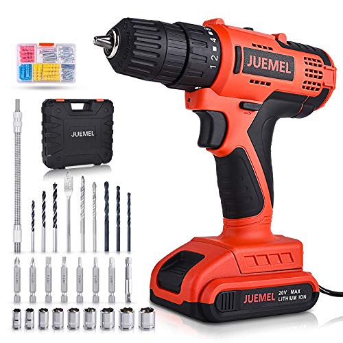 20V Cordless Drill Driver, JUEMEL 100Pcs Accessories Electric Power Drill Set 320 in-lbs Torque, Variable Speed, 3/8 inches Keyless Chuck, Built-in LED, 2000mAh Battery and Fast Charger