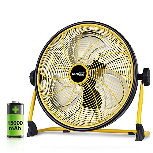 Geek Aire Rechargeable Outdoor High Velocity Floor Fan,16'' Portable 15000mAh Battery Operated Fan with Metal Blade for Garage Barn Gym Camp, Run All Day Cordless Industrial Fan,USB Output for Phone