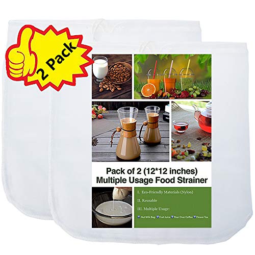 2 Pack - 80 Micron Nut Milk Bag - 12X12 Inches - Multiple Usage Reusable Food Strainer, Cold Brew Coffee Bag, Food Grade Nylon Mesh, BPA-Free, Cheesecloth Bag, Yogurt Strainer, Juice Filter