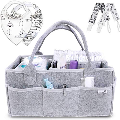 Putska Baby Diaper Caddy Organizer: Portable Holder Bag for Changing Table and Car, Nursery Essentials Storage bins gifts with 2 Pacifier Clips, 2 Bibs