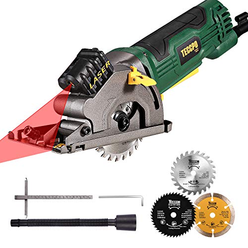 Circular Saw, TECCPO 3-3/8” 3700 RPM Compact Mini Circular Saw with Laser Guide, 3 Saw Blades, Scale Ruler and 4.8Amp Pure Copper Motor, Ideal for Wood, Tile, Aluminum and Plastic Cuts - TAPS22P