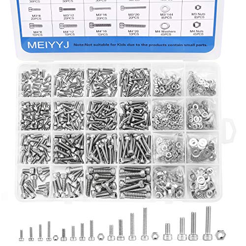MEIYYJ M2 M2.5 M3 M4 304 Stainless Steel Hex Socket Head Cap Machine Screws,Precise Metric Round Flat Socket Bolts and Nuts Set and Washers Assortment Kit+Wrench+Tweezers (Total:1120pcs)