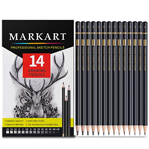 Professional Drawing Sketching Pencil Set - MARKART 14 Pieces Drawing Pencils 12B, 10B, 8B, 6B, 4B, 3B, 2B, B, HB, F, H, 2H, 3H, 4H Graphite Shading Pencils for Beginners & Pro Artist