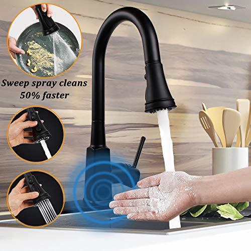 Motion Sensor Touchless Kitchen Faucet,Soosi Automatic Pull Down Kitchen Faucet Single Handle One/3 Hole 3 Setting Sprayer Kitchen Faucets Spot Free Matte Black Lead Free,5 Years Limited Warranty