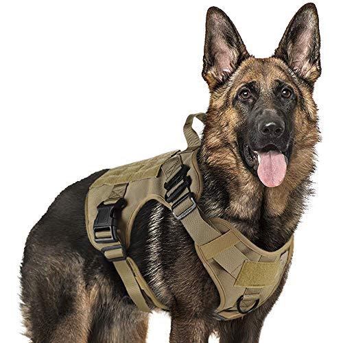 rabbitgoo Tactical Dog Harness Vest Large with Handle, Military Dog Harness Working Dog Vest with MOLLE & Loop Panels, No-Pull Adjustable Training Vest, Tan, Large Size, Chest (31.5-41.3”)