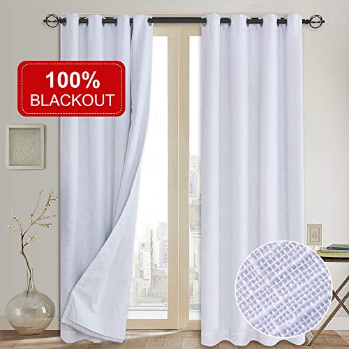 Primitive Linen Look,100% blackout curtain(with Liner)White blackout curtains& Blackout Thermal Insulated Liner,Grommet Curtains for Living Room/Bedroom,burlap curtains-Set of 2 Panels(50x96 White)p2