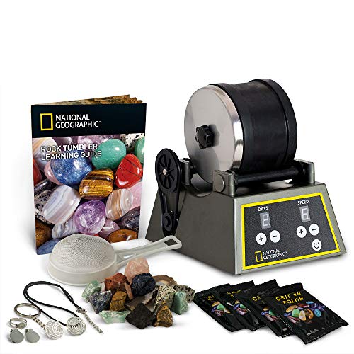 NATIONAL GEOGRAPHIC Professional Rock Tumbler Kit- Advanced features include Shutoff Timer and Speed Control - 2lb Barrel, 1lb Gemstones, 4 Polishing Grits, Jewelry Fastenings and Learning Guide