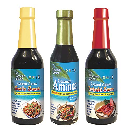 Coconut Secret Coconut Aminos Variety Pack - Coconut Aminos Original, Garlic Sauce & Teriyaki Sauce - 1 Each, 8-10 fl oz - Organic, Vegan, Non-GMO, Gluten-Free, Kosher - 128 Total Servings