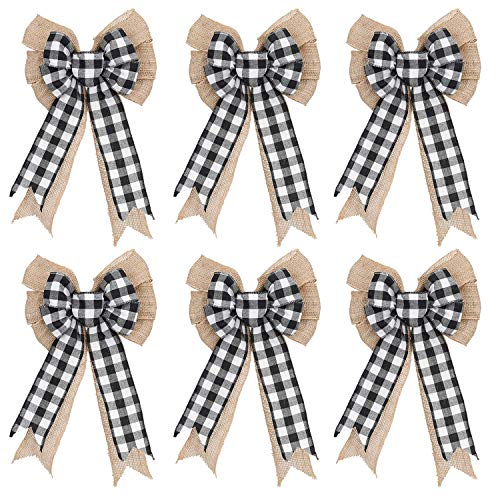 6 Pack Buffalo Plaid Burlap Halloween Thanksgiving Christmas Wreath Bow, 18 Inches Black and White Checked Wired Bow, Rustic Ribbon Burlap Bow for Fall Christmas Door Decoration, Wreath, Garland