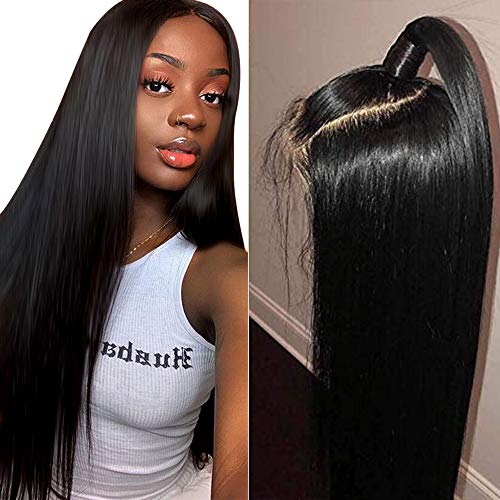 Muokass 4x4 Lace Front Wigs Straight Hair Brazilian Virgin Human Hair Lace Closure Wigs For Black Women 150% Density Pre Plucked With Elastic Bands Natural Color (18 inch, straight wig)