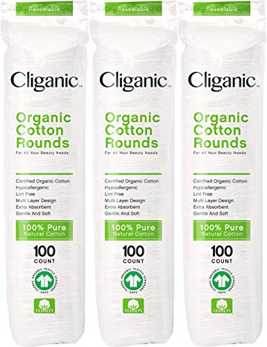 Cliganic Organic Cotton Rounds (300 Count) Makeup Remover Pads, Hypoallergenic, Lint-Free | 100% Pure Cotton