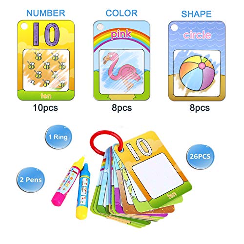 Coolplay Drawing Toddler Number Cards, Learning Shape and Color, Entertainment Travel Activities Toys for Kids 26pcs Ring Word Cards with Magic Pens for 3 Years Old Boys and Girls