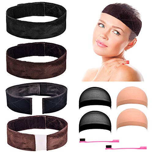 Non Slip Lace Wig Grip Band 4 Pack Adjustable Velvet Wig Grip Band Comfort Head Hair Band with 4 Pieces Stocking Wig Caps and 2 Pieces Hair Edges Brushes (Black and Brown)