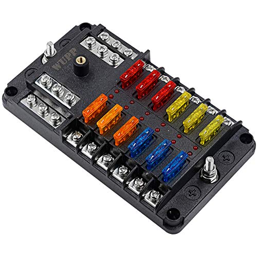 WUPP 12 Volt Fuse Block, Marine Boat Fuse Block Waterproof 12 Way Automotive Fuse Box with 12 Ground Negative Busbar [100 Amp Max] [ATC/ATO Fuses] [LED Indicator] for Car RV Truck Golf Cart