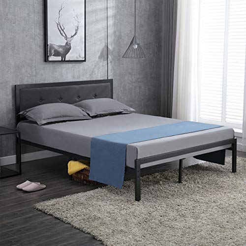 Metal Bed Frame Full with Upholstered Headboard, 14 inches Modern Steel Bed Platform Mattress Foundation, 10 Metal Slats Support, No Box Spring Needed, Easy Assembly