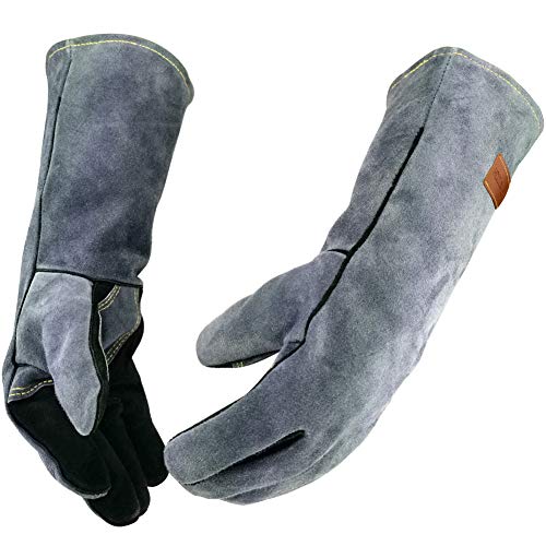 WZQH 16 Inches,932℉,Leather Forge Welding Gloves, with Kevlar Stitching Heat/Fire Resistant,Mitts for BBQ,Oven,Grill,Fireplace,Tig,Mig,Baking,Furnace,Stove,Pot Holder,Animal Handling Glove.Black-gray