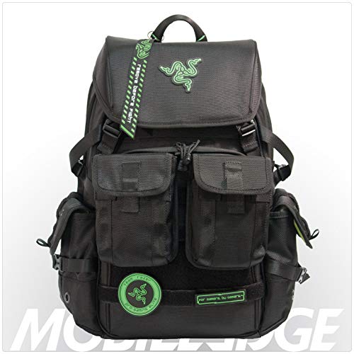 Mobile Edge Razer Tactical Pro 17 Inch Laptop Gaming Backpack, Black, Rugged Ballistic Material, Padded Laptop Section, Molle Pocket Front, Water-resistant, Hideaway Rain Cover, RAZERBP17