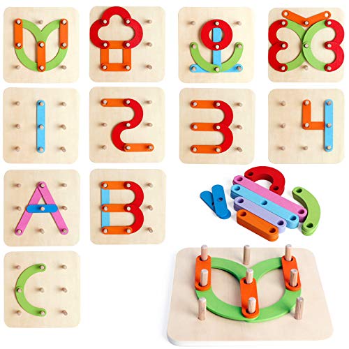Wooden Number Letter Puzzle Educational Building Activity Stacking Block Toy Set Shape Color Recognition Nail Board sorter Set Board boy Girl Non-Toxic Toy Preschool Toddler Gift
