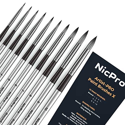 Nicpro 10 PCS Round Paint Brush Set Artist Painting Brushes for Watercolor Acrylic Oil, Gouache, Ink, Detail, Rock, By Number Art Paintbrush